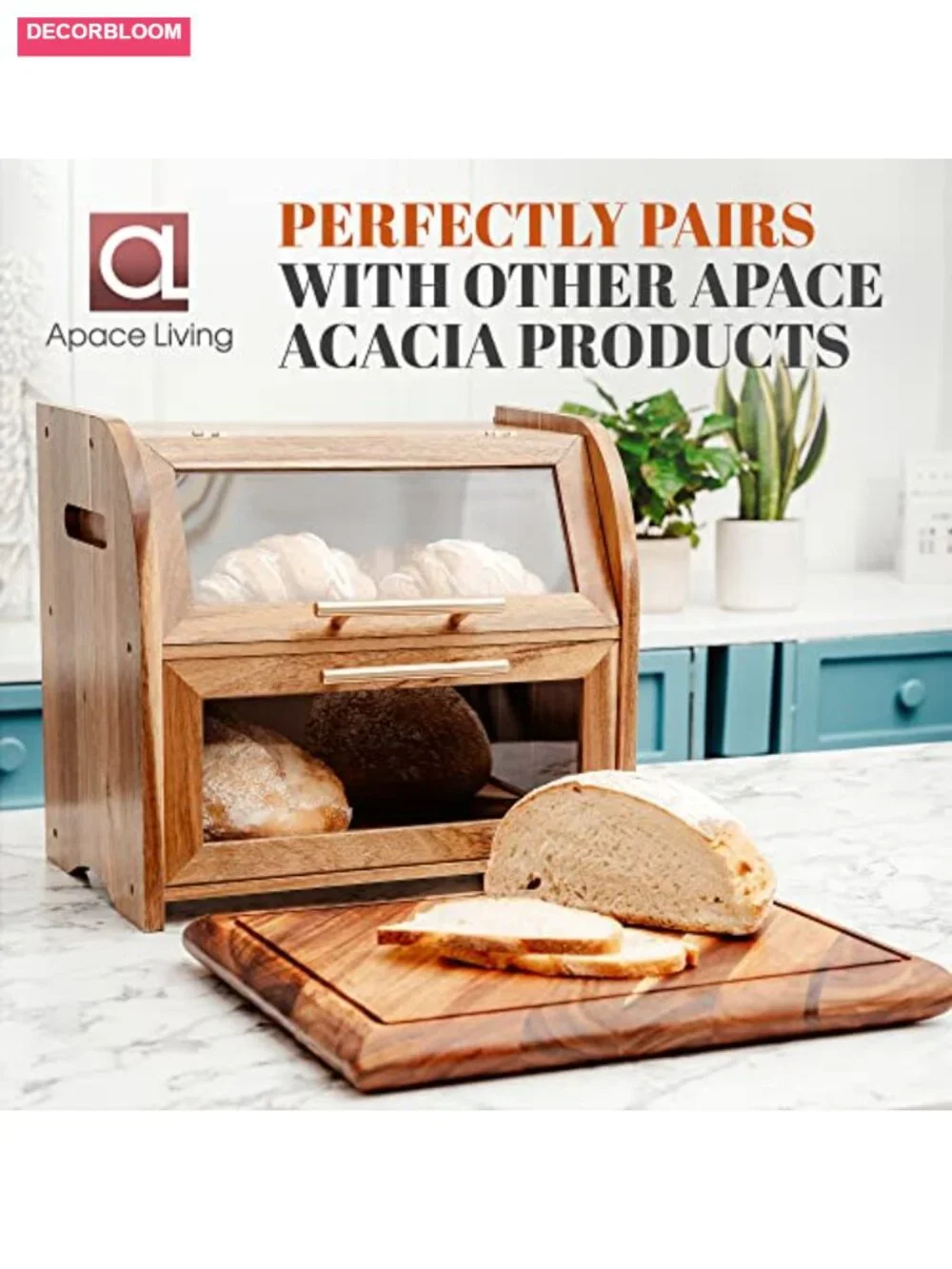 Extra Large 2-Shelf Acacia Wood Bread Box with Clear Windows